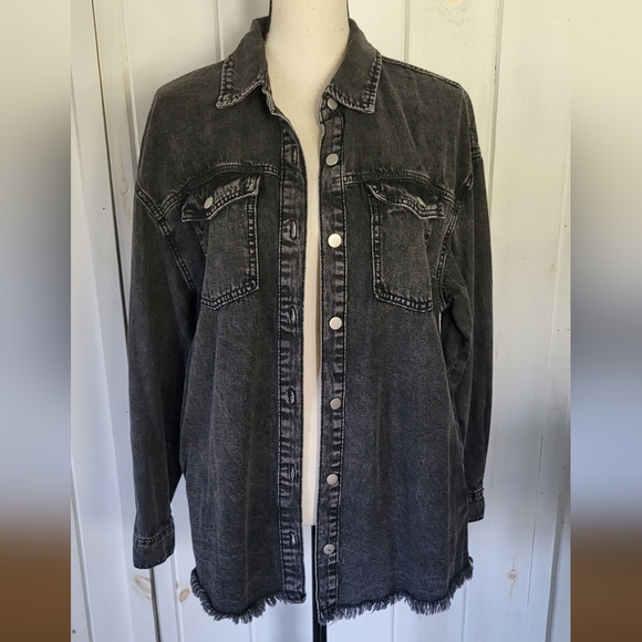 Ripped Hem Denim Button Front Long Sleeve Jacket Shacket - Picture 4 of 13